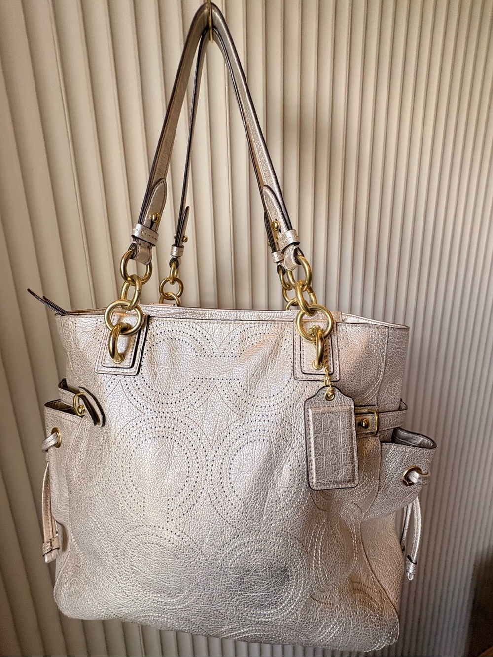 Coach Metallic Colette Champagne Leather Tote Bag with Gold Hardware